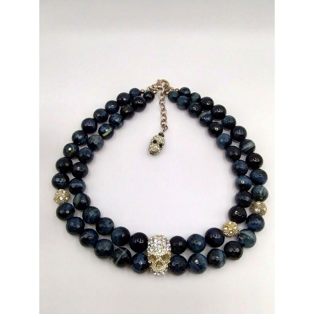 Skull Lovers Necklace beautiful Black & Blue glass beads Rhinestone skull accent